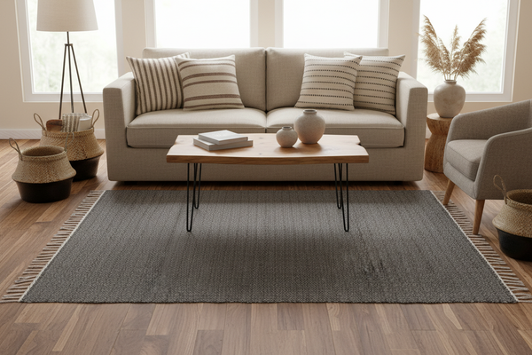 Charcoal rug lounge with cushion covers