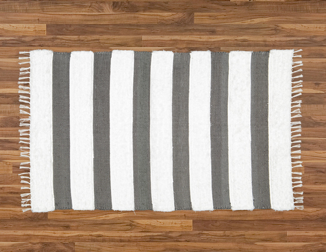 Dhurrie and Fluffy Bands Charcoal and White Rug - Amelia Jackson Industries South Africa